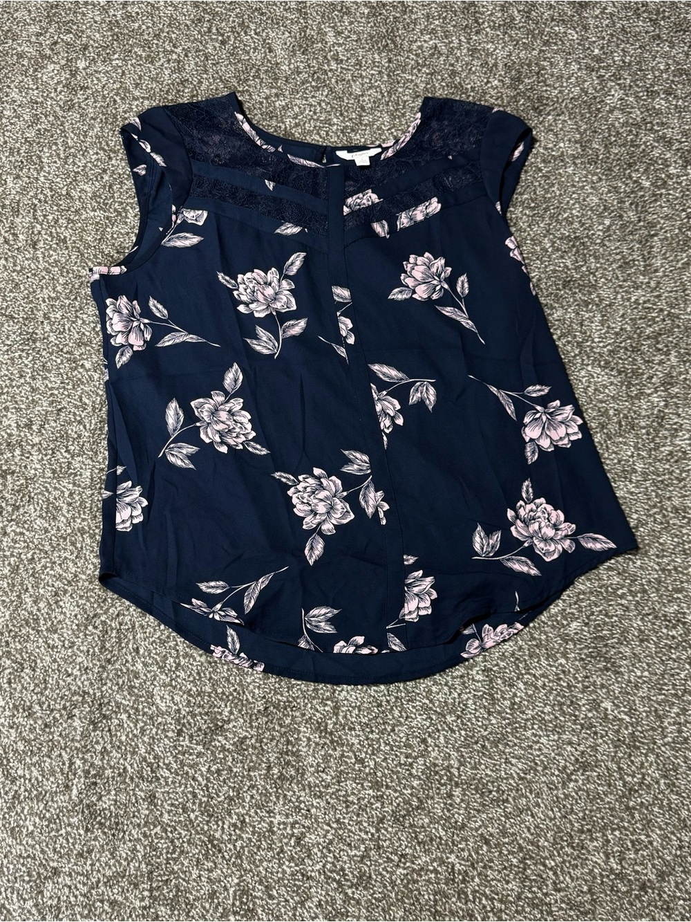 Candie's Navy Floral Cap-Sleeve Blouse with Pink Blooms